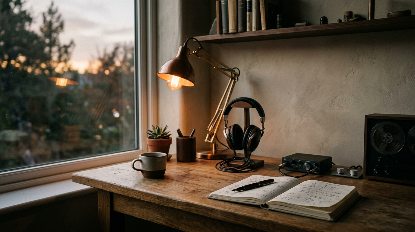 Serene minimalist workspace with headphones and warm lamp