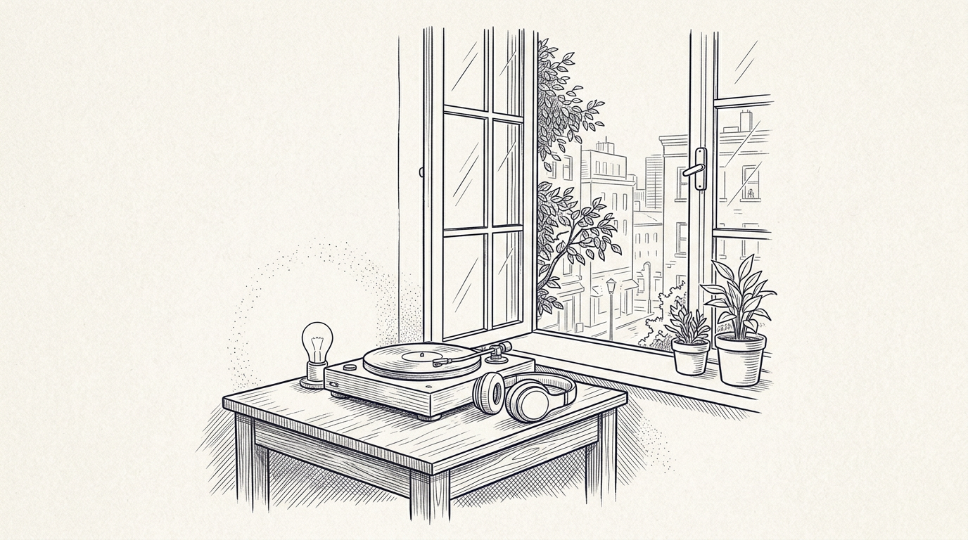 Turntable and headphones on a table beside an open window overlooking a city