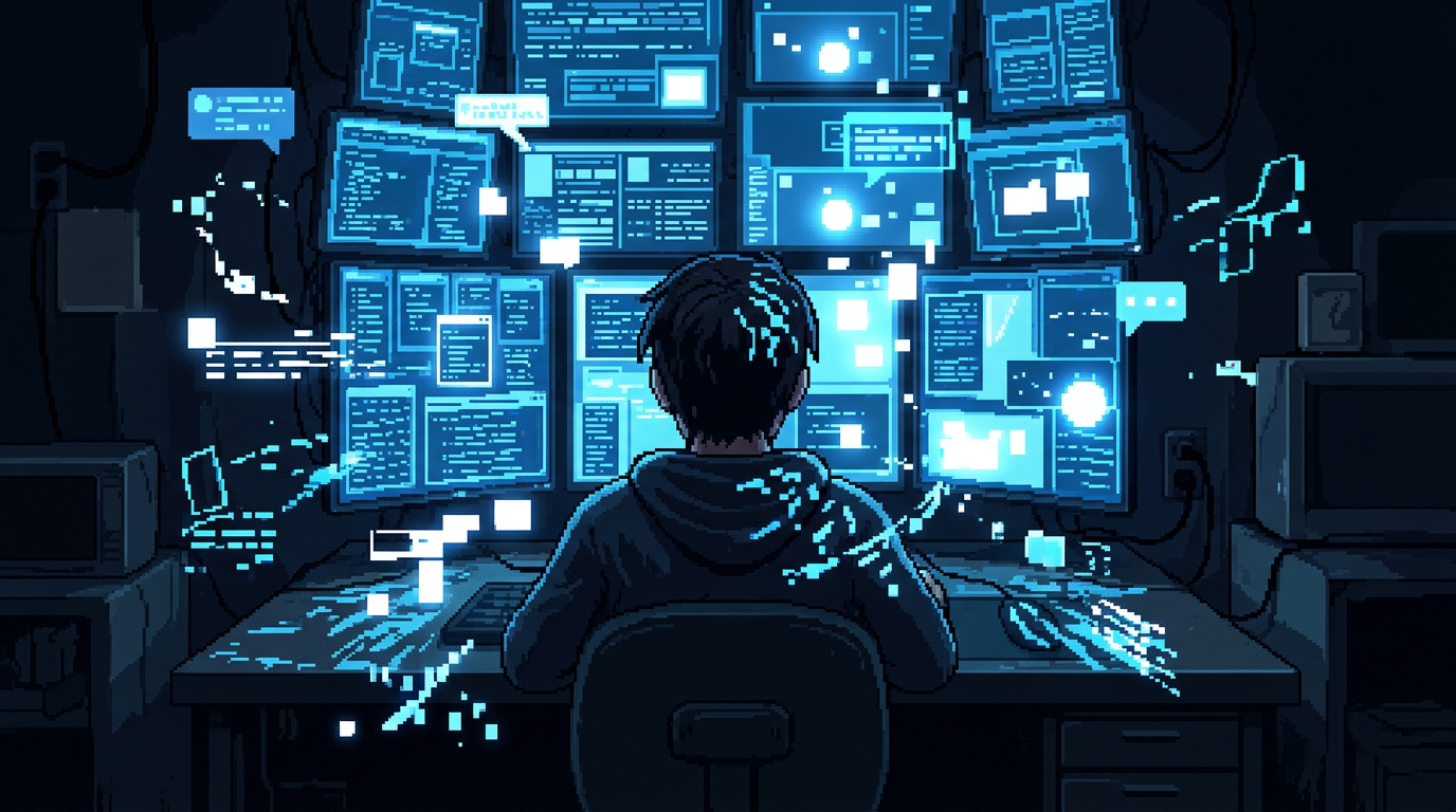 Pixel art person monitoring multiple glowing computer screens in a dark room