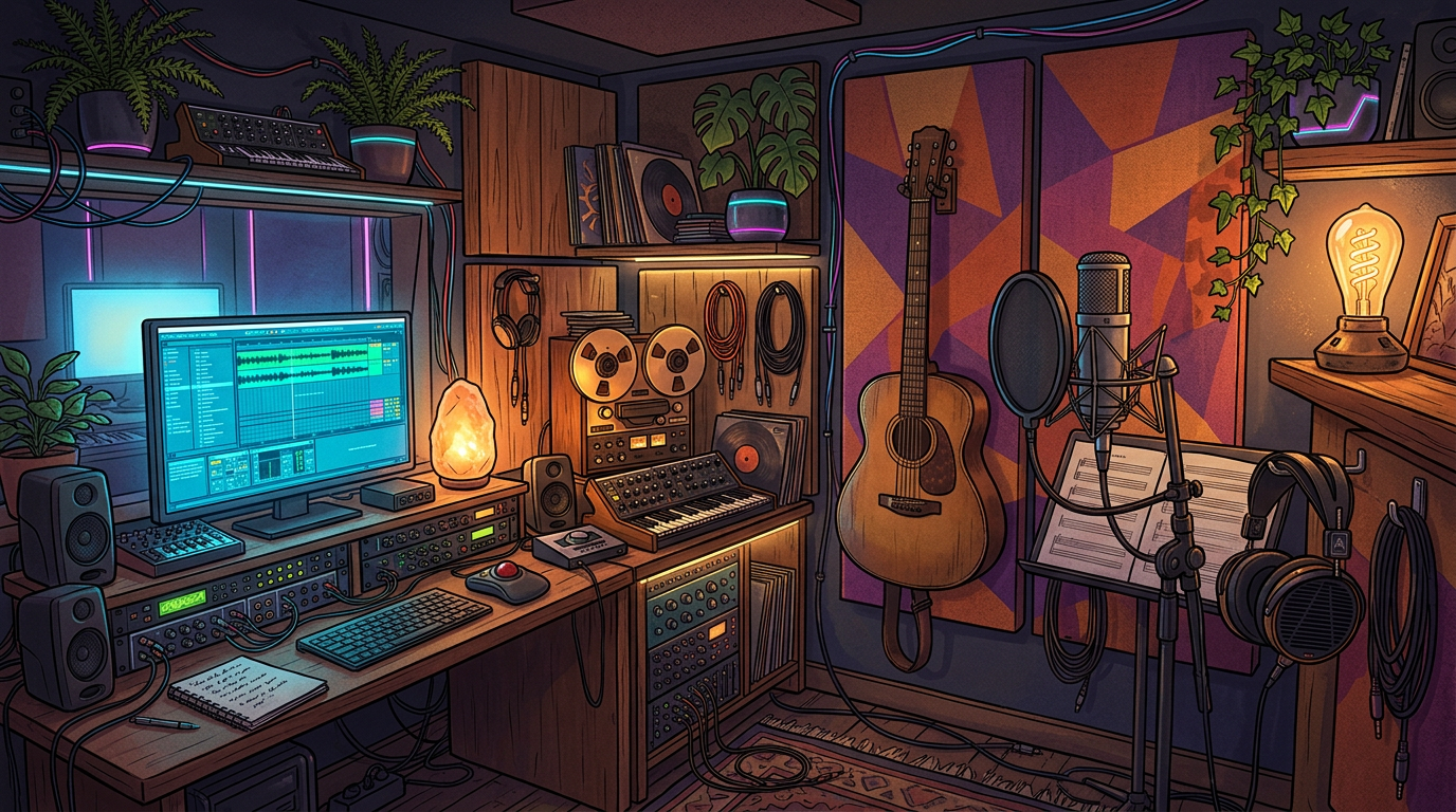 Home recording studio with computer, guitar, microphone, speakers, and audio equipment