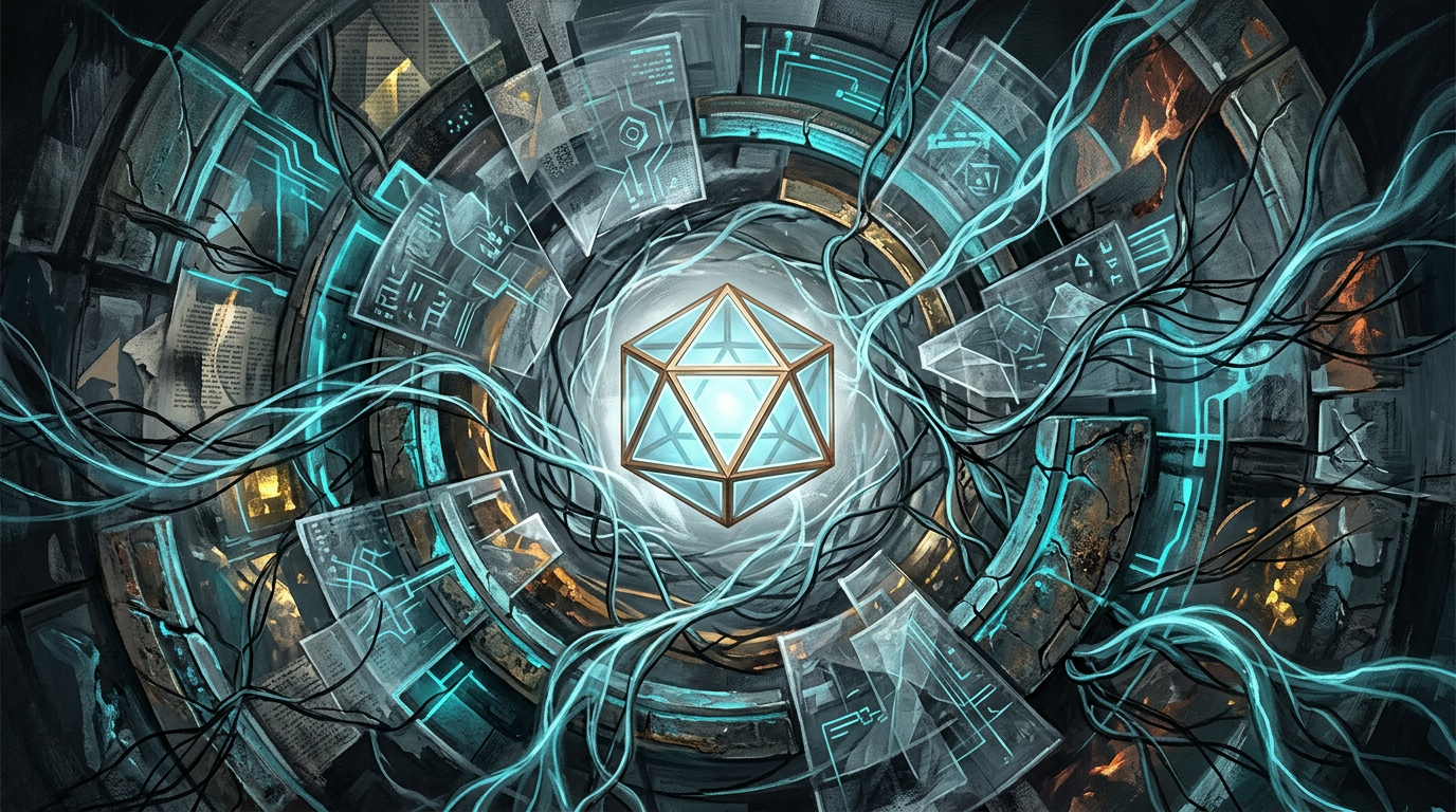 Glowing geometric energy core surrounded by holographic screens and cables