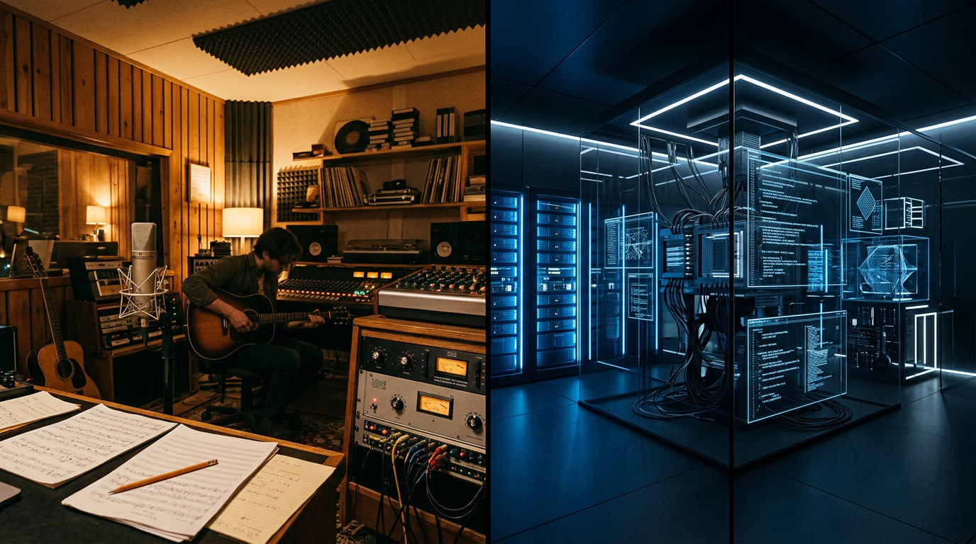 Musician playing guitar in recording studio beside illuminated server room