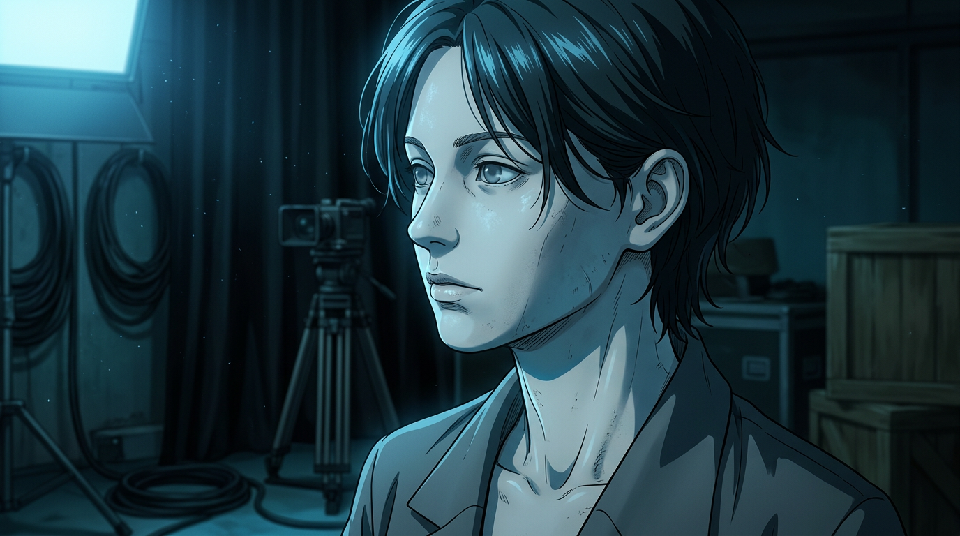 Anime-style young man beside a camera in a dim studio